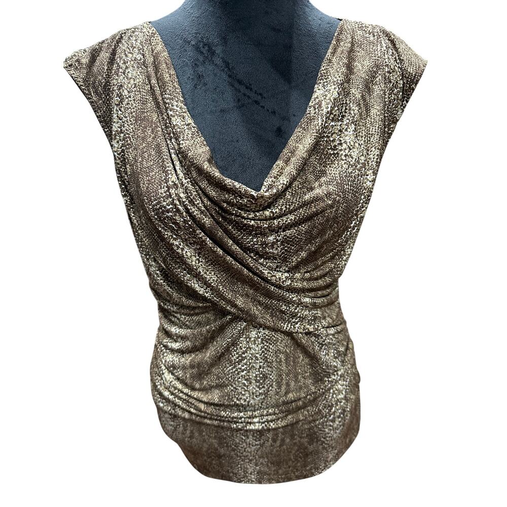Chaus Women’s sleeveless Top Draped neck ruching Brown snakeskin M Y2K Mob wife